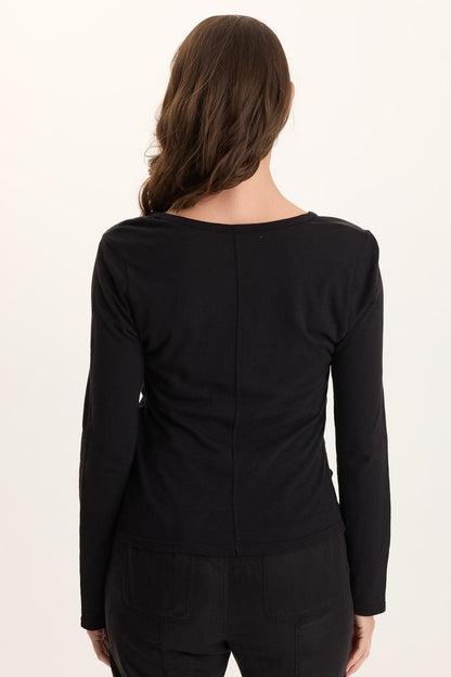 Ketti Long Sleeve Twill/Jersey Ruched V-Neck