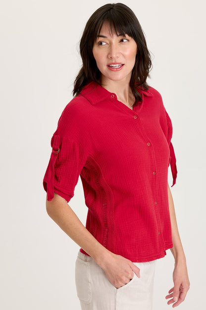 Kaleo Gauze Lace Trim Snap-Up Top
