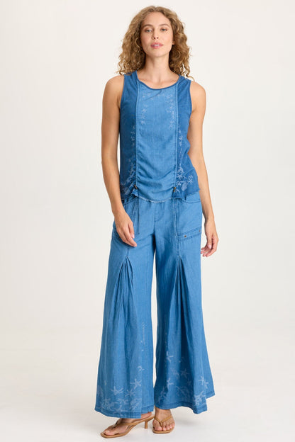 Jerona Printed Indigo Pleated Wide Leg