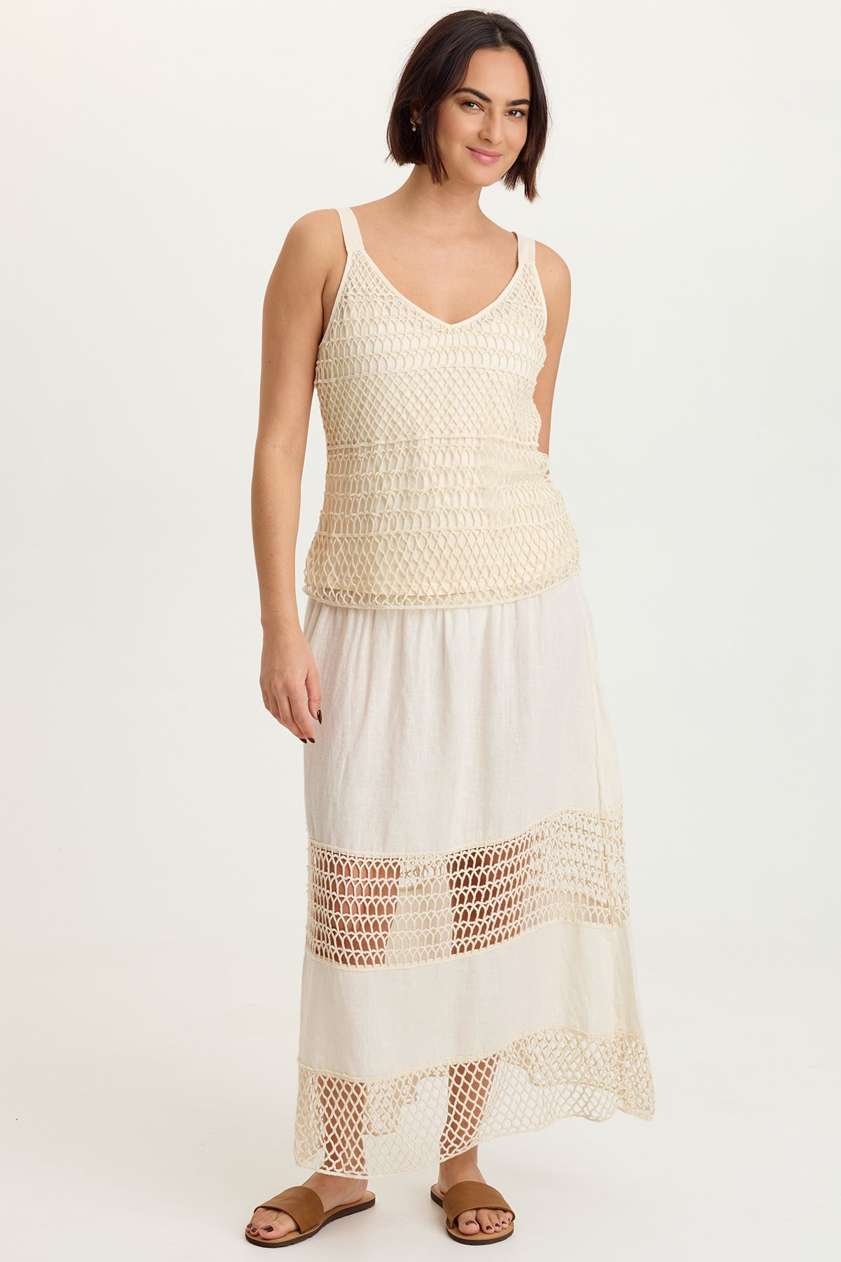 Fola Tiered Linen Crochet Skirt