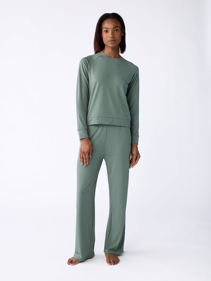 Women's Brushed Bamboo Wide Leg Pull On Pant & Pullover Crew Set
