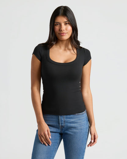 Womens Black Ribbed U-Neck Tee 3-Pack