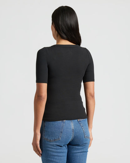 Womens Black Ribbed 3/4 Sleeve Scoop Neck Tee