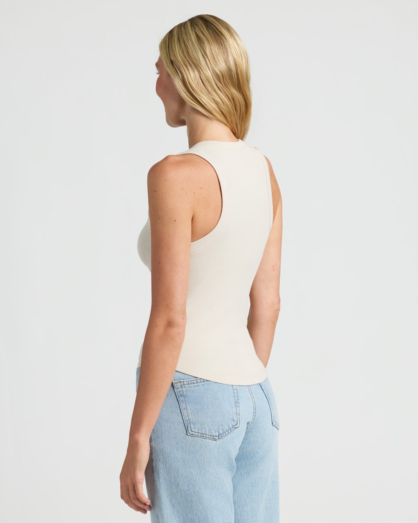 Womens Oatmeal Ribbed High Neck Tank