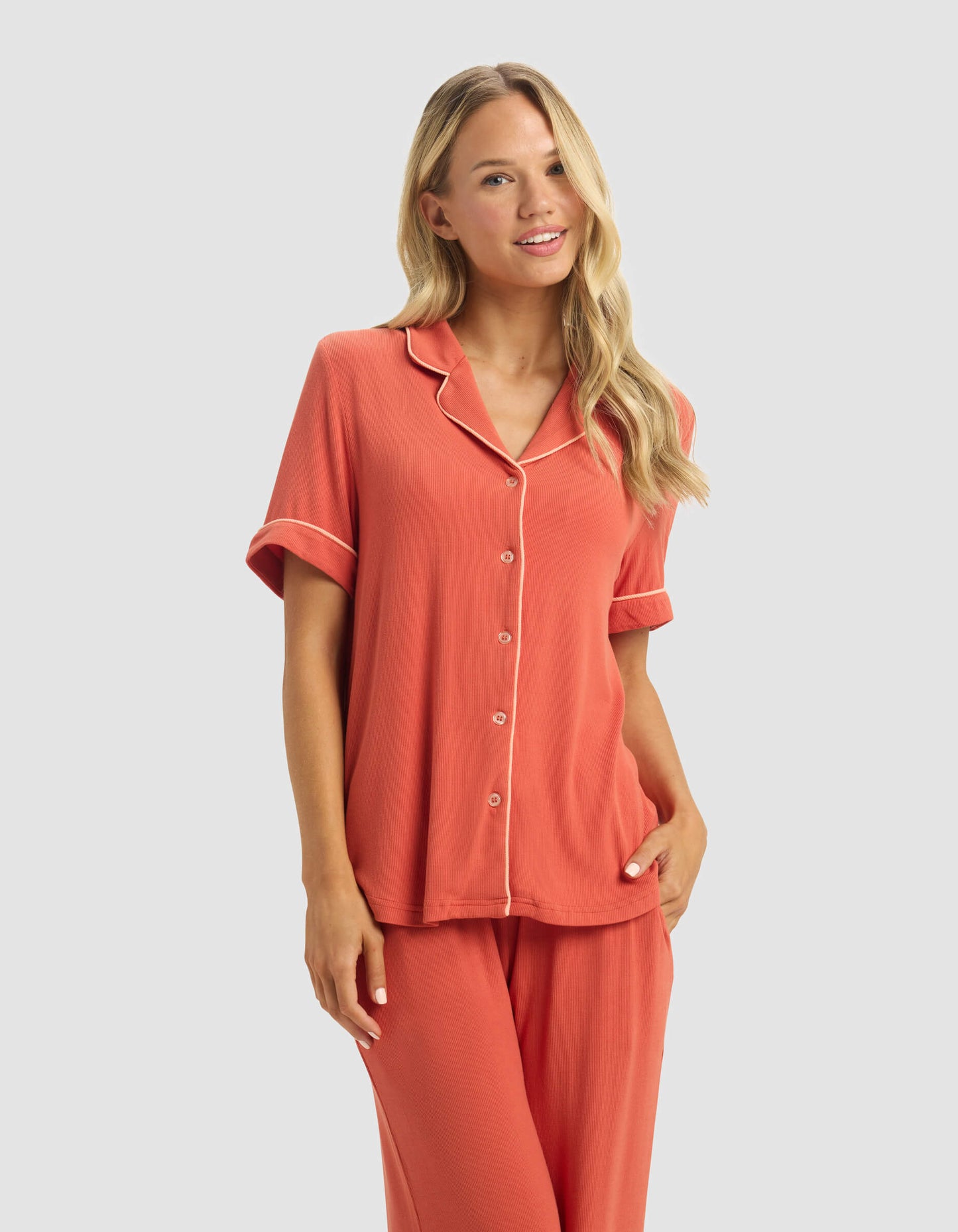 Women's Rib-Knit Classic Short Sleeve & Pant Pajama Set