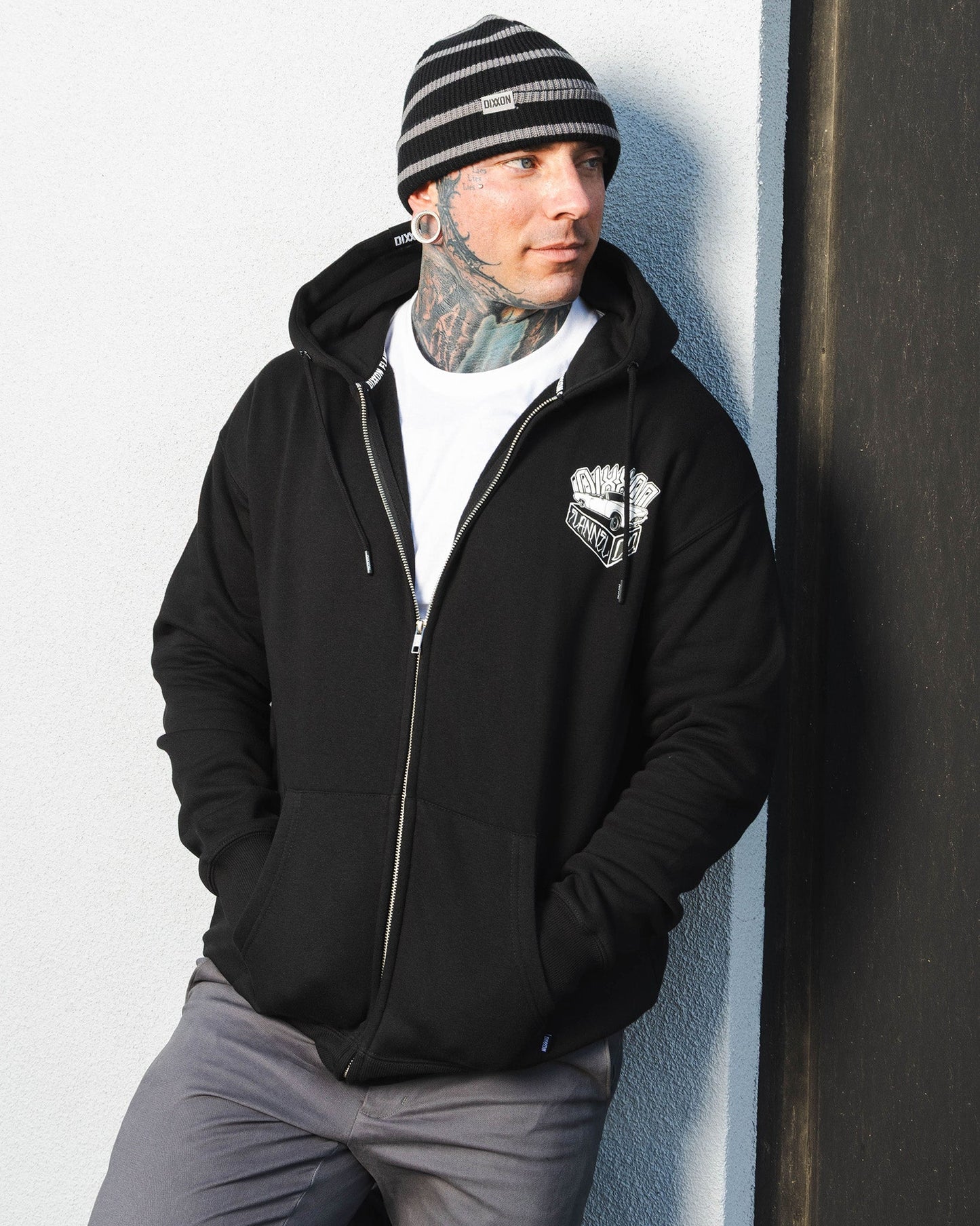 White Block Zip Up Hoodie - Black